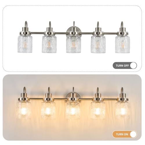 Image of 5 Lights Hammered Glass Bathroom Vanity Light,Brushed Nickel | Easy Installation,Up or Down,Farmhouse Modern Style,E26 Socket,ETL Certification