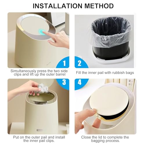 Image of Mini Desktop Bin with Lid, 2L Small Bathroom Dustbin with 1Roll of Trash Bags, Trashs Can with Press Type Lid Plastic Desktop Trash Bin for Home, Office, Vanity, Creamy White