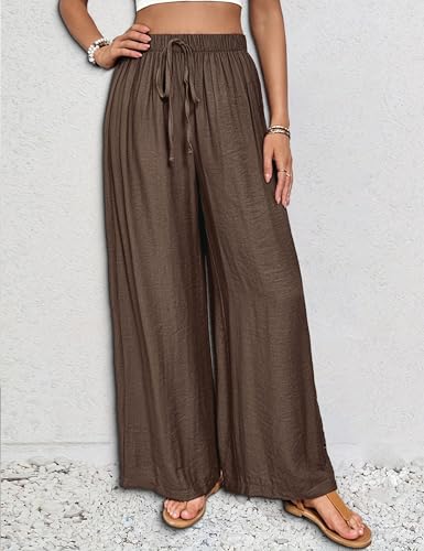 Lounge Pants Women Cotton High Waist Trousers Wide Leg Stretchy Sweatpants Casual Summer Comfy Pants Brown M3