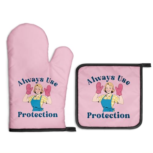 Gkodw Always Use Protection Oven Mitts and Pot Holders Sets, Funny Retro Kitchen Oven...