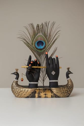 Image of Mariner's Creation Decorative Krishna Hand Showpiece with Metal Flute and Peacock Feather for Home Decor Living Room and Pooja Room and Gift, Black and Gold Base, 23x6x15 cm, Religious Home Decor