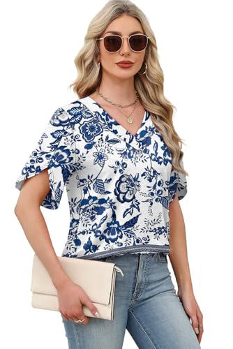 Image of WIHOLL Womens Summer Tops Short Petal Sleeve Shirts Fashion V Neck Womens Clothing