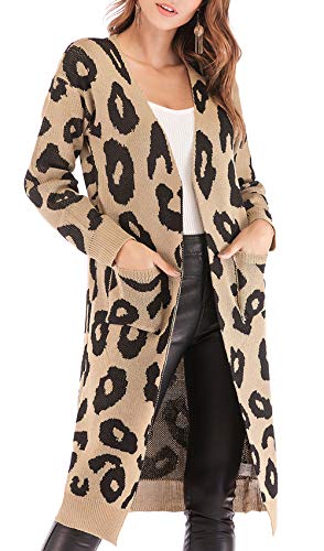 BTFBM Women Long Sleeve Open Front Leopard Knit Long Cardigan Casual Print Knitted Maxi Sweater Coat Outwear with Pockets (Khaki, Medium)