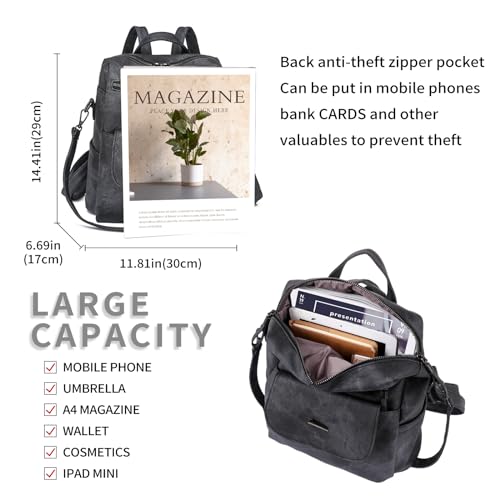 Image of Backpack Purse for Women, PU Leather Backpack Purse, Fashion Travel Anti Theft Backpack, Multipurpose Lightweight Waterproof Convertible Purse Shoulder Bag Handbag, Black