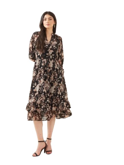 latin quarters Women Black V-Neck 3/4Th Sleeves Fit & Flare Printed Casual Dress-picture-35