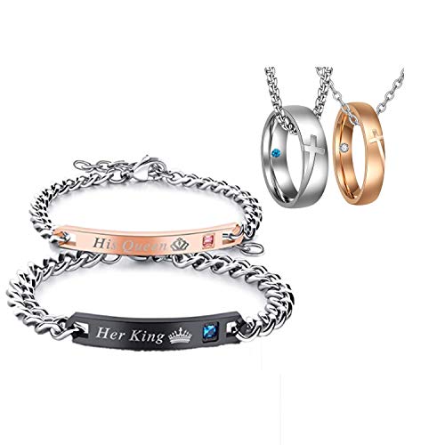 Gkmamrg Paar dames heren armbanden kruis ringen met kettingen, roestvrij staal Love Ringen halsketting pantserarmband met gravure His Queen en Her King roségoud zwart zilver