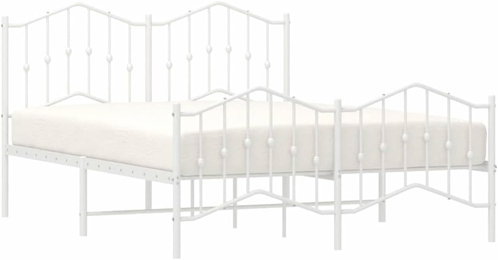 Bed Frame White Powder-Coated Steel Double Size 53.1x74.8 in Sturdy Platform with Headboard Storage Easy-Assembly Durable Nonslip Foundation for Bedroom Mattress Support
