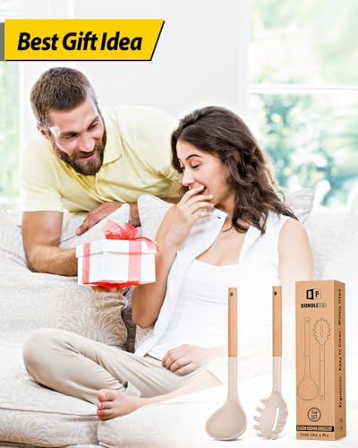 Silikon Spaghettilöffel und Schöpflöffel Set mit Holzgriff, hitzebeständige und antihaftende Küchenutensilien zum Kochen, Rühren, Servieren Spaghetti, Suppe, Soße(Khaki)