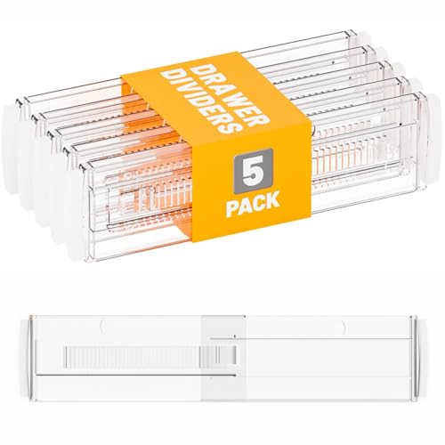 Yieach 5 Pack 3.2 Inch Shallow Acrylic Drawer Divider for Clothes -Expandable from 12.3-17”-Adjustable Dresser Drawer Divider for Baby Clothing,Underwear,Clear in Drawer Separators for Kitchen,Office