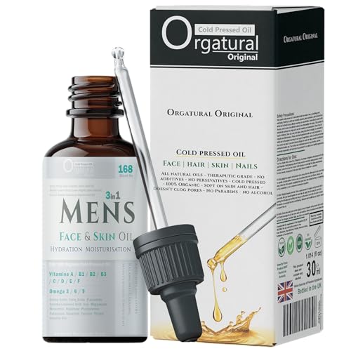 Orgatural (3en1) Hombre Cara y Piel Aceite '168 - Semilla de Cáñamo, Comino Negro, Aceite de Baobab | No Graso - 100% Orgánico, Vegano, Natural, Prensado en Frío + 30ml Pipeta