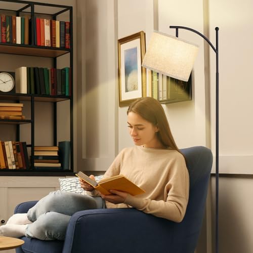 Image of Ambimall 60 inch Floor Lamp for Living Room with 3 Color Temperatures, Adjustable Grey Shade with Black Pole, Tall Lamp for Bedroom Office Classroom Dorm Room, 9W Bulb Included
