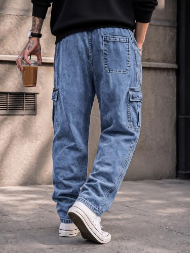 Image of JMIERR Men's Stretch Cargo Jeans Loose Straight | Over 60% Cotton Blend, Stretch Denim, Drawstring Waist, 5-Pocket Design, Loose Straight Fit, Casual Workwear Jeans