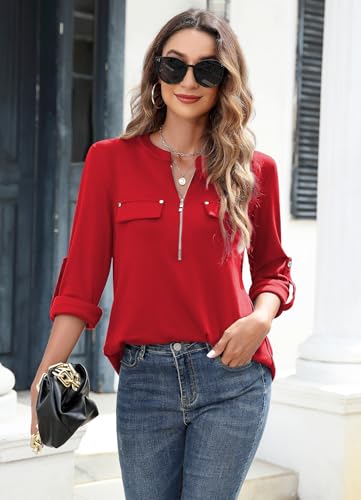 Image of Bulotus 3 /4 Length Sleeve Womens Striped Tops Zipper V Neck Collared Blouses Business Casual Tunics 2026 Spring Trendy
