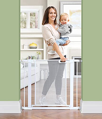 Ohgeni Baby Gate for Stairs, Extra Wide 37.8-Inch Mesh Dog Gate for Doorways Hallway, Pressure Mounted Easy Walk Through Safety Child Gate for Kids Toddler, Adjustable Tall Pet Puppy Fence Gate, Metal