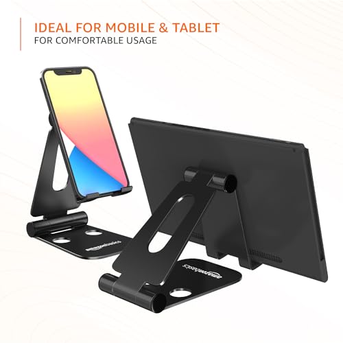 amazon basics Aluminum Adjustable Mobile Phone Foldable Tabletop Stand Dock Mount for All Smartphones, Tabs, Kindle, iPad (Black)