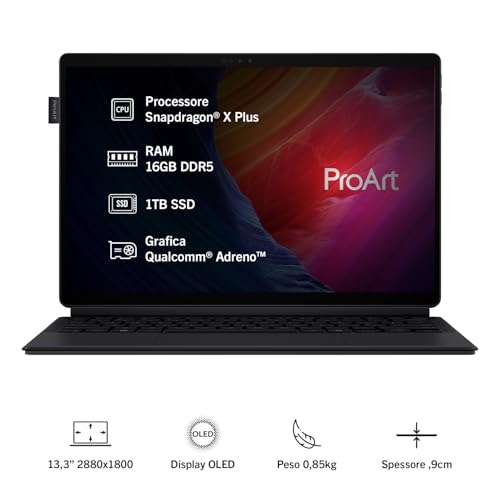ProArt PZ13 OLED HT5306QA#B0D5RH8H2C, Notebook in alluminio con Monitor da 13.3" Glossy, Copilot+ PC, Processore Snapdragon® X Plus, RAM 16GB, 1TB SSD, Qualcomm® Adreno™ GPU, WIN 11 HOME, Nero - Notebook - Immagine 1