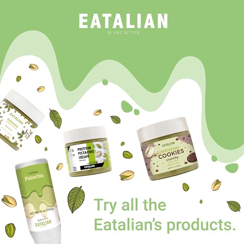 Image of EATALIAN by AMZ BETTER Vegan Pistachio Cream, 17.63 oz / 500 gr, Delicious vegan spread with a uniquely sweet taste, Ideal on bread, Perfect with ice cream, Excellent for Dubai Chocolate, Made in Italy