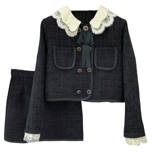 Ensemble tweed femme col claudine jupe dentelle chic costume deux pièces