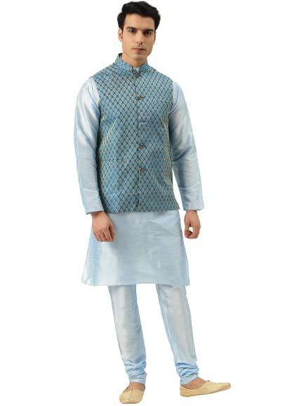 Sojanya (Since 1958 Men's Silk Blend Skyblue Kurta Pyjama & Peacockblue Self Design Nehru Jacket Combo