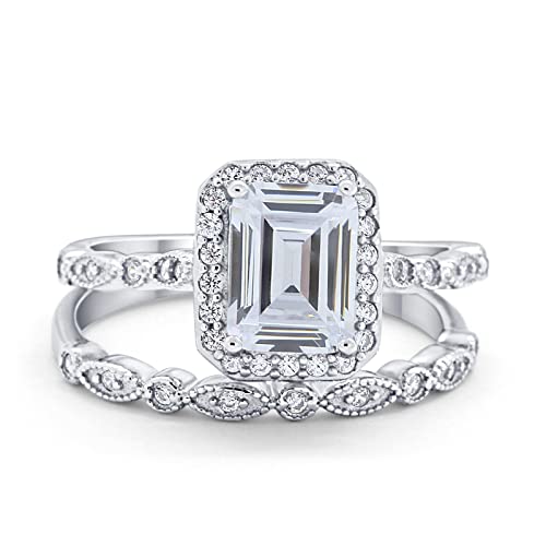 Blue Apple Co. Two Piece Emerald Cut Art Deco Bridal Set Engagement Ring Wedding Band Round Cubic Zirconia 925 Sterling Silver