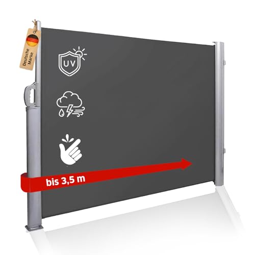 NOOR Seitenmarkise EXKLUSIV 160x350 cm Anthrazit - blickdichter Sichtschutz für Balkon, Terrasse & Garten - ausziehbarer Sonnenschutz/Windschutz inkl. Befestigungen - imprägniert und wasserabweisend