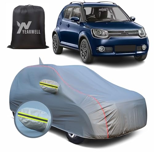 Image of Car Body Cover for Maruti Suzuki Ignis, 100% Waterproof, Heat-Resistant with Mirror & Antenna Pockets, Soft Cotton Lining, Triple Stitched, Green Reflector (Metallic Grey)