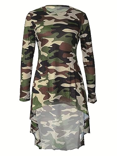 Famnbro Women's Camo Print Long Sleeve High Low Asymmetrical Ruffle Hem Camouflage Tops Blouse Shirt Dress4