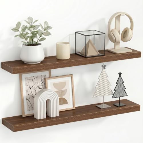 Image of KovaScape 3.8cm Thick Floating Shelves for Wall, 90x16.5cm Wall Mounted Shelf, Wall Storage shelf,No Sag,Easy Install Wood Grain Shelf for Bedroom, Kitchen, Living Room & Hallway,Walnut,2 PCS