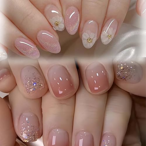 48 Pieces Press On Nails, Artificial Nails for Women, 2 Boxes Short Press On Nails Almond Shape, Stick On Nails, Nail Extensions for Women, Perfect for Festivals, Travel and Daily Use