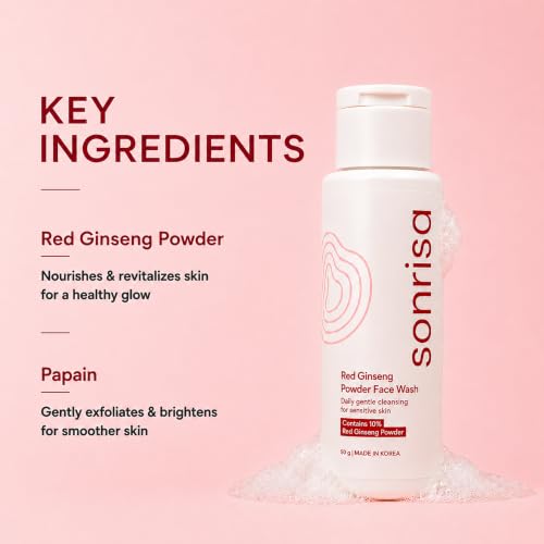 Image of Sonrisa K-Beauty Red Ginseng Powder Face Wash (50g) | Korean Skin Care Enzyme Cleanser for Sensitive Skin | Travel Friendly | Removes Makeup & Sebum | Gentle Daily Use