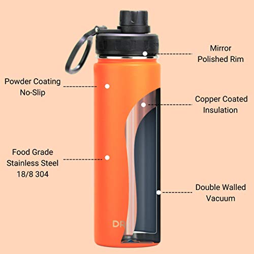 Drinco Stainless Steel Water Bottle Spout Lid Vacuum Insulated Double Wall Water Bottle Wide Mouth (40Oz 32Oz 22Oz 18Oz 14Oz) Leak Proof Keep Cold Sport Camping Hiking (22 Oz, 22Oz Orange) #TOP4