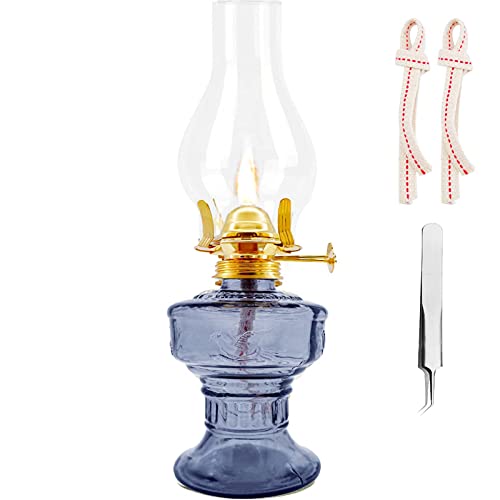 rnuie Kerosene Oil Lamp,1 Vintage Kerosene Lamp,1 Tweezers and 2 Wicks,Glass Hurricane Lantern for Indoor Lighting Decoration Outdoor Camping Use (Blue)