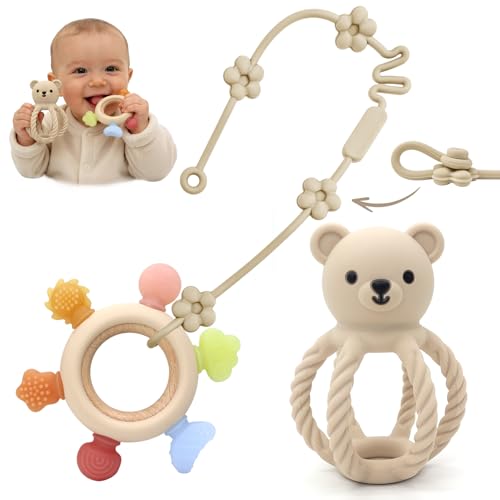 Image of 3Pcs Baby Silicone Teether Toy Set - Food-Grade Silicone Teething Relief Toys,Wooden Ring Teether Cute Bear Toy and Toy Straps for Babies 3-12 Months (Bright Beige)