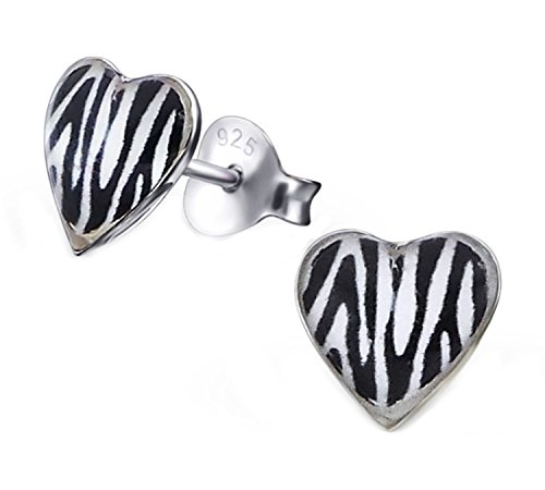 6 mm Small Zebra Print Heart Shape Studs Earrings 925 Sterling Silver (E19917)