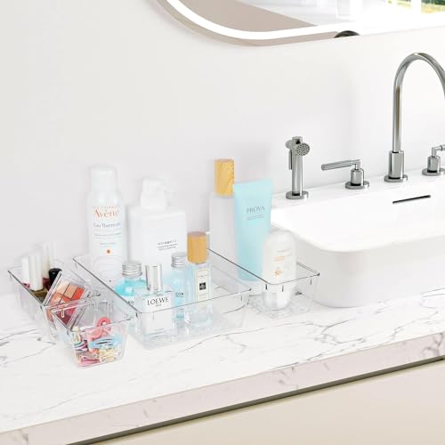 Image of Arto Clear Transparent Acrylic Drawer Organizer Set with Various Size for Bathroom,Bedroom Dresser,Cosmetics Makeup,Kitchen Utensil,Office,Stationery,Drawer Tray Dividers,Vanity Trays (Set of 9)