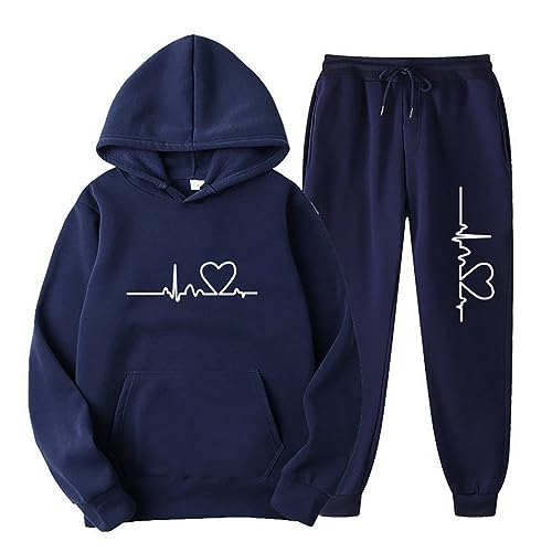 Lastesso Conjunto deportivo de 2 piezas para mujer, ajuste holgado, divertido estampado de corazón, conjunto deportivo suave de color sólido con bolsillos, Azul marino #7, XXXL