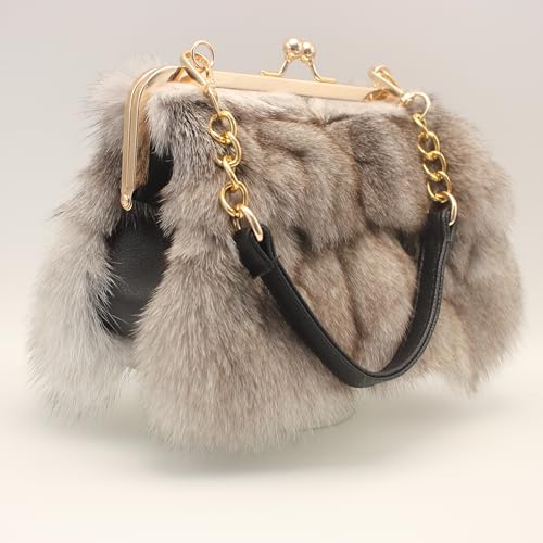 Image of Luxurious Fashion Natural Fox Fur with Hair Handbag for Women and Ladies