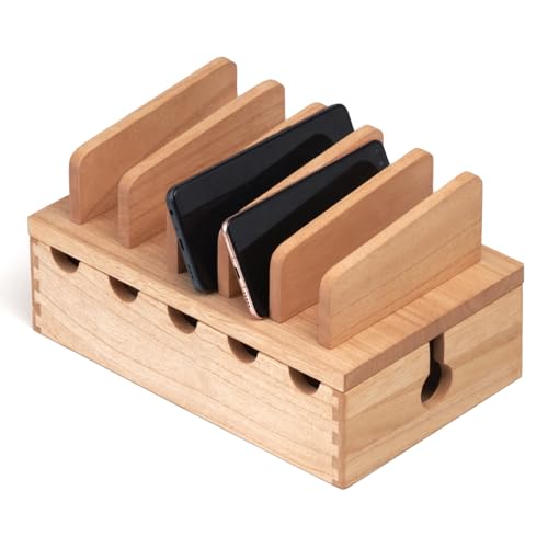 KIRIGEN Wood Charging Station Rack Organizer for Multiple Devices Desktop Organizer with 5 Ports for Cell Phones, Tablets, Earphones Wooden Cable Management DDXH-NA
