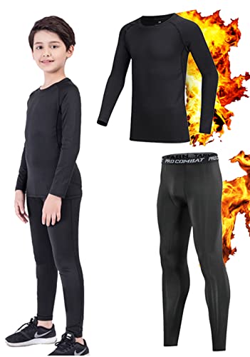 CheChury Garçon Thermiques sous-Vêtements Ensemble de Leggings pour Enfants t-Shirt à Manches Longues Garçon et Fille Long pour Ski Football Sport Chaud Underwear Set,140-150 CM/35KG