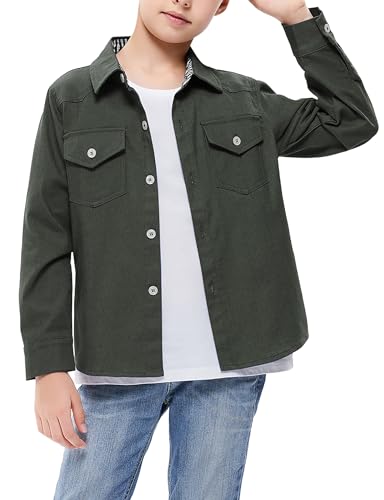 Boys Long Sleeve Shirt with Chest Pockets Solid Casual Button-Down Collared Shirts Top for Kids 3-12 Years3