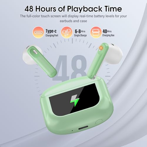 Image of Wireless Earbuds, Bluetooth 5.4 Headphones with Multifunctional Touch Screen, 48H Bass Stereo Ear Buds with ANC /ENC Noise Cancelling /Transparency Mode, IPX7 Earphones with 5 EQ Modes, Grass Green