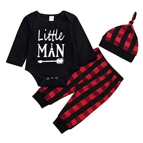 Baby Little Man Long Sleeve Print Romper Plaid Pants Hat Outfits Layette Set (Black, 6-12 Months)