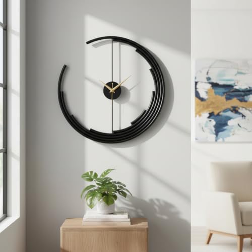 Image of Wakefit Metal Round Analog Wall Clock 24 Inch Modern Abstract Silent Movement Decorative Wall Clock for Living Room Bedroom Study Office Home Premium Gift | Black (Orbitt)