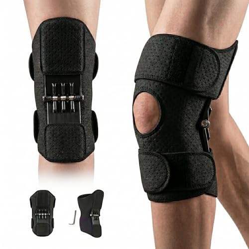 Image of JERN Knee Support Brace with Rebound Assist, Open Patella Stabilizer, Breathable Perforated Fabric, Adjustable Wrap-Around Straps for Running, Weightlifting, Outdoor Sports (Black)