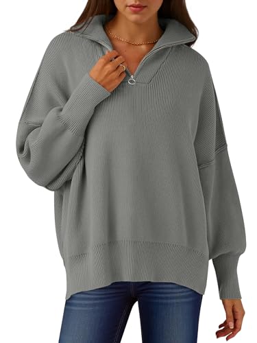 Image of ANRABESS Womens Oversized Quarter Zip Pullover Sweaters | Fall Fashion Outfits, Long Sleeve Slit Side, Baggy Loose Fit, 1 /4 Zip Lapel Collared, Ribbed Knit Soft Warm Winter Clothing