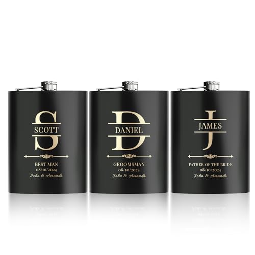 Catálogo para Comprar On-line Petacas los mejores 10. 49 Lote de 3 Petacas-Frascos para Licor Personalizados - Acero Inoxidable 227ml - Regalos para Despedidas, Bodas y Padrinos (Negro)
