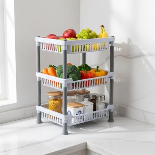 Image of 3-Layer Kitchen Rack Stand /Multipurpose Rack for Storage /Vegetable Stand for Kitchen Storage Rack /Durable Kitchen Racks for Storage (Grey)