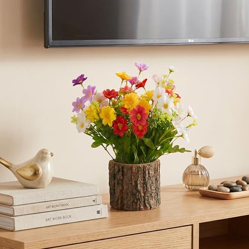 Image of Dekorly Artificial Multi Colore Daisy Flower with Real Wooden Vase (28CM Overall Height) | Decorative Lifelike Faux Floral Plant in Rustic Tree Log Pot for Living Room(Multi Colour Daisy)