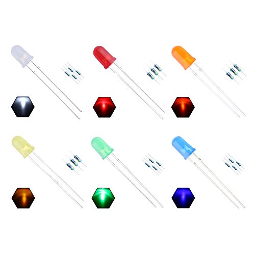 Image of 120pcs 5mm 6 Colors x 20pcs Assorted Colors Lights LED Diodes Diffused Round Top 29mm Long Feet +200pcs 12V Resistor Included / Transparent Bulb Lamps Light Emitting Diode