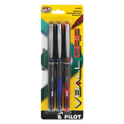 Pilot Vball Grip Rollerball Pens, Black, Blue, Red Ink, Bold Point, 3/Pack - PIL35603